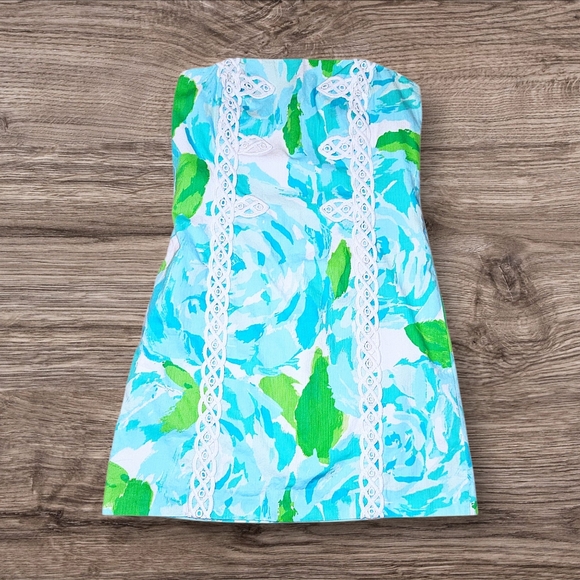 Lilly Pulitzer Tansy Strapless Dress In Poolside Blue Tropical Neon Floral 10 - Picture 1 of 6